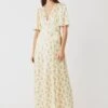 Ghost PERLA DRESS Minnie Roses Print Maxi, Ivory/Yellow -Threadnee Shop ghost perla floral bridesmaid dress whimsy bunches pale yellow