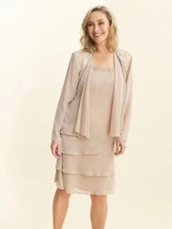 Gina Bacconi Camira Lace Shoulder Bead Tier Jacket Dress, Winter Cream