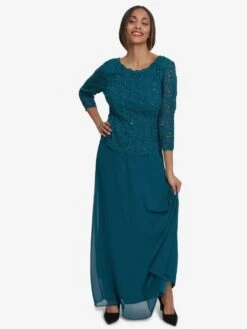 Gina Bacconi Jeanette Lace Dress With Chiffon Skirt, Peacock/Teal Green