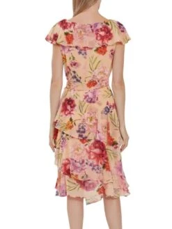 Gina Bacconi Joy Chiffon Floral Frill Dress, Multi/Pink -Threadnee Shop gina bacconi joy chiffon floral frill dress multi pink2 e1649603704401