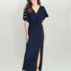 Gina Bacconi Pascale Long Knot Front Jersey Dress, Navy Blue -Threadnee Shop gina bacconi pascale long knot front jersey dress navy blue
