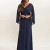 Gina Bacconi Pavlina Long A-Line Dress With Surplice Neckline And Capelet Sleeve, Navy