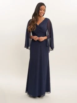 Gina Bacconi Pavlina Long A-Line Dress With Surplice Neckline And Capelet Sleeve, Navy