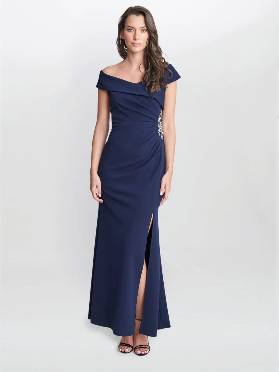 Gina Bacconi Suzanne Portrait Collar Maxi Dress With Embellishment, Navy 3 Gina Bacconi Suzanne Portrait Collar Maxi Dress With Embellishment, Navy