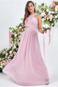 Goddiva Halter Neck Chiffon Maxi Bridesmaid Dress, Blush/Pink