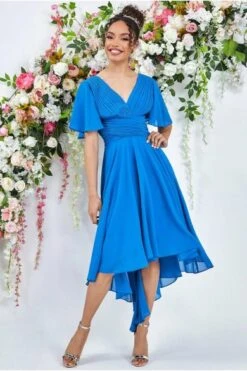 Goddiva Pleated Chiffon High Low Midi Dress, Atlantic Blue