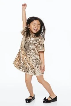 H&M Girls Sequined Wrap Dress, Gold -Threadnee Shop hm girls sequined wrap dress gold1