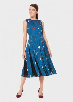 Hobbs Beatrix Satin Floral Fit And Flare Dress, Blue/Multi