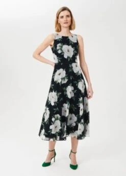 Hobbs Carly Floral Midi Dress, Black/White/Multi