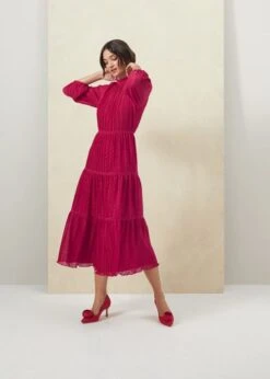 Hobbs Colette Tiered Fit And Flare Dress, Cerise Pink