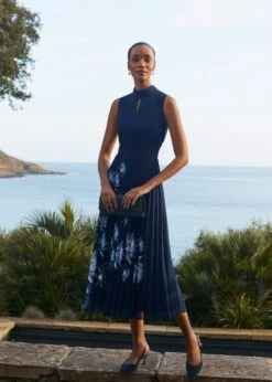 Hobbs Daniela Floral Pleated Dress, Navy/Multi