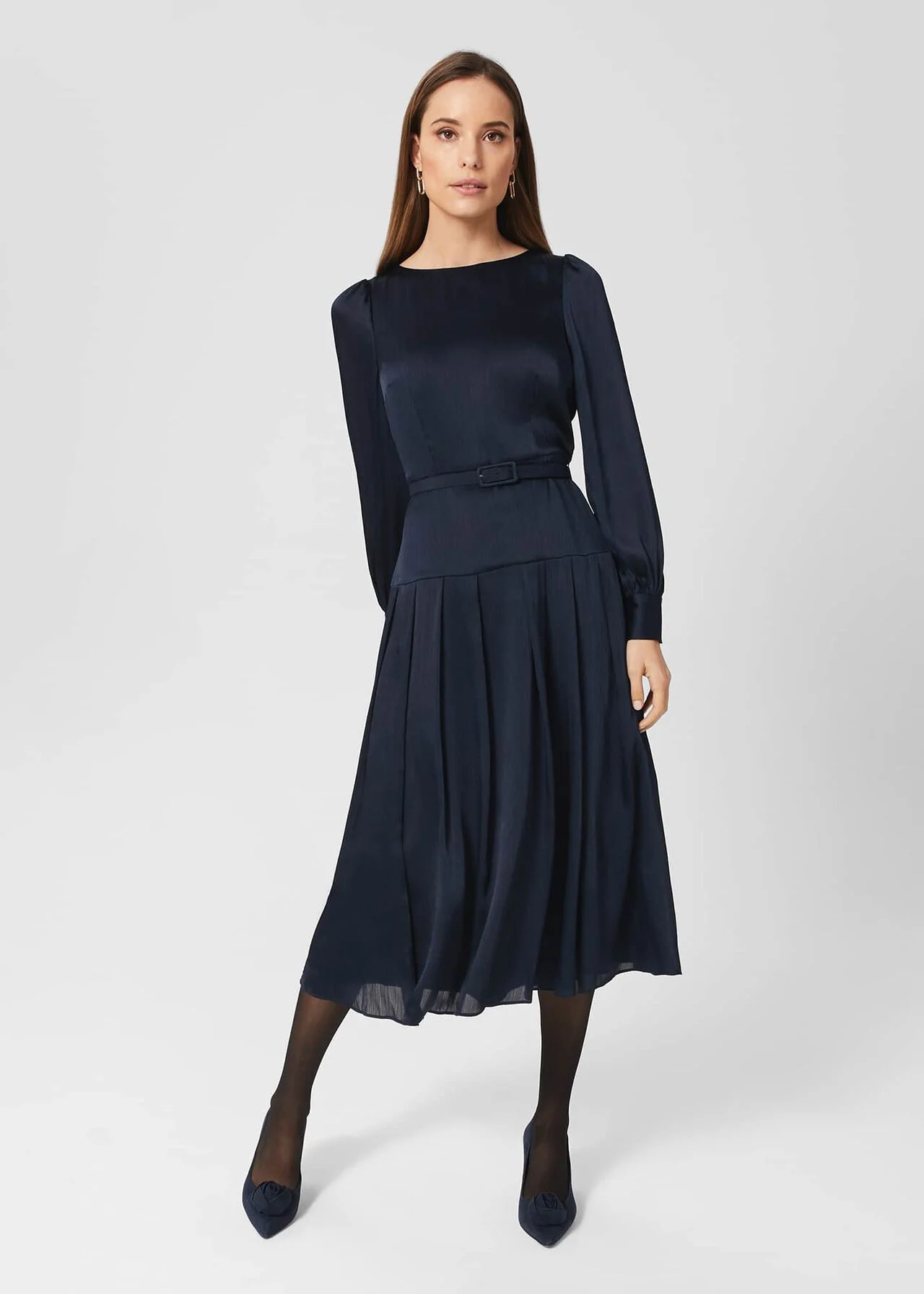 Hobbs Isabella Satin Pleated Dress, Navy Blue 3 Hobbs Isabella Satin Pleated Dress, Navy Blue