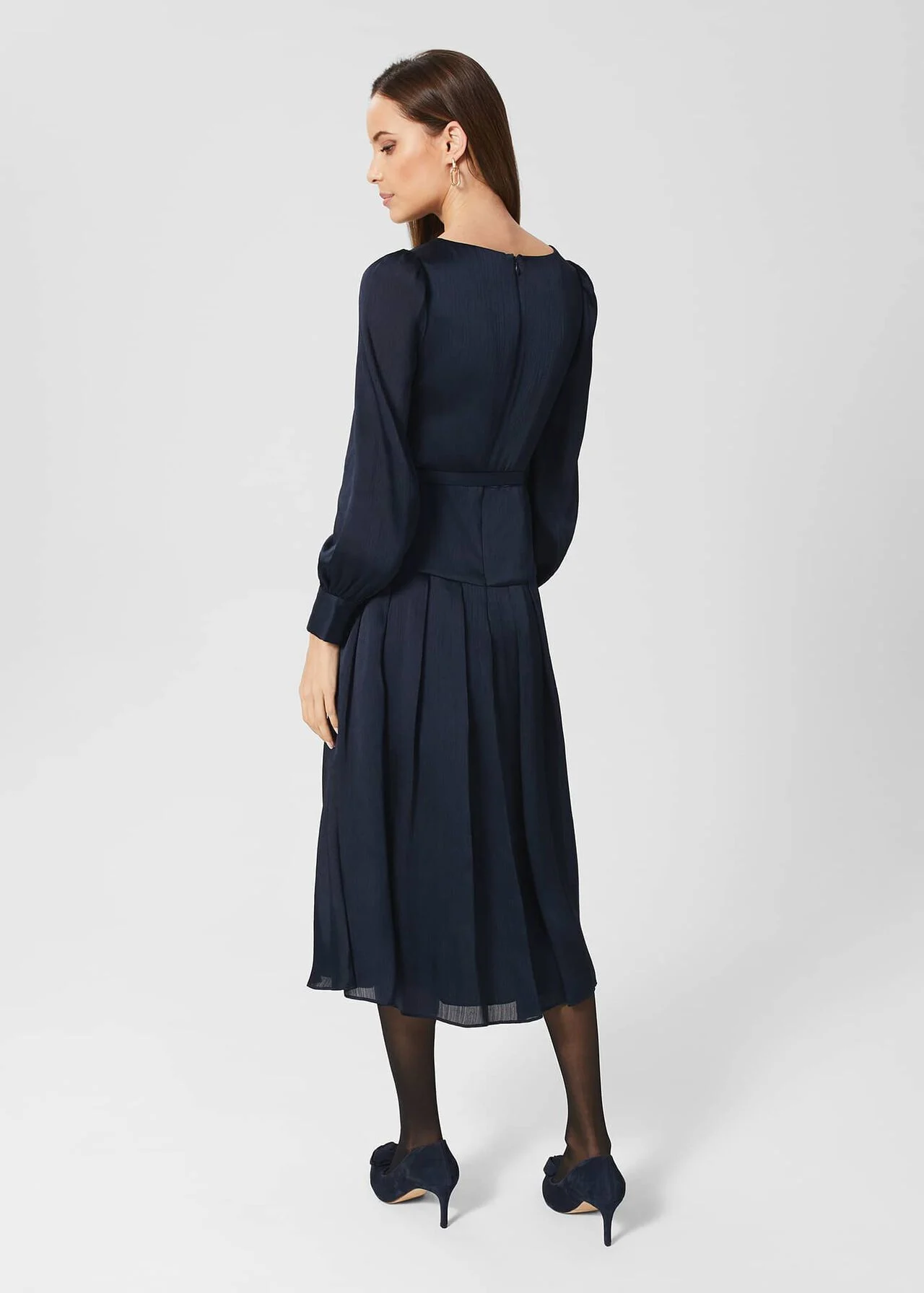 Hobbs Isabella Satin Pleated Dress, Navy Blue 4 Hobbs Isabella Satin Pleated Dress, Navy Blue - Image 2