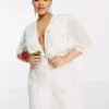 Hope & Ivy Plus Bridal Embroidered Plunge Jumpsuit In Ivory -Threadnee Shop hope ivy plus bridal embroidered plunge jumpsuit in ivory