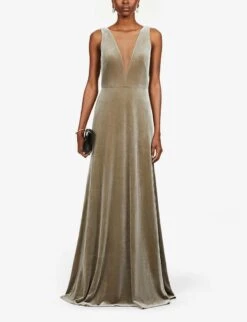 Jenny Yoo Logan Plunging Illusion V Neck Velvet Bridesmaid Gown Dress, Sage Gold