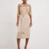 Joanna Hope Latte 3D Lace Scallop Sleeve Satin Midi Dress, Latte/Beige -Threadnee Shop joanna hope latte 3d lace scallop sleeve satin midi dress latte beige