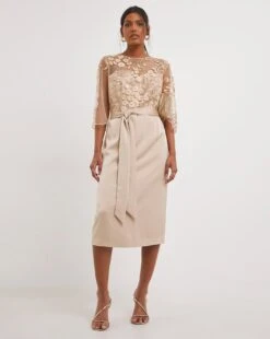 Joanna Hope Latte 3D Lace Scallop Sleeve Satin Midi Dress, Latte/Beige