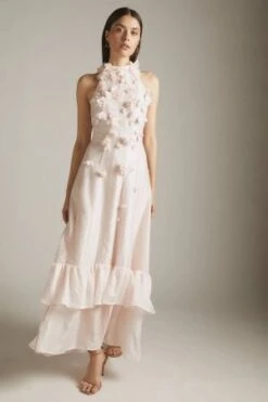 Karen Millen Applique Taped Tiered Woven Halter Maxi, Light Blush