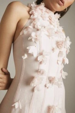 Karen Millen Applique Taped Tiered Woven Halter Maxi, Light Blush -Threadnee Shop karen millen applique taped tiered woven halter maxi light blush3 e1631912769429