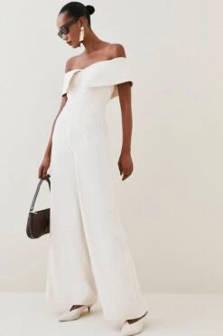 Karen Millen Tailored Bardot Wide Leg Jumpsuit, Cream