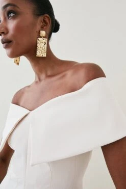 Karen Millen Tailored Bardot Wide Leg Jumpsuit, Cream -Threadnee Shop karen millen tailored bardot wide leg jumpsuit cream3