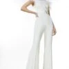 Karen Millen Viscose Satin Crepe Feather Bandeau Jumpsuit, Ivory -Threadnee Shop karen millen viscose satin crepe feather bandeau jumpsuit ivory