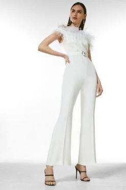 Karen Millen Viscose Satin Crepe Feather Bandeau Jumpsuit, Ivory