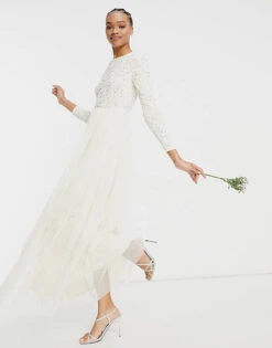 Maya Bridal Long Sleeve Maxi Dress With Delicate Sequin And Tulle Skirt In Ecru
