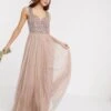 Maya Bridesmaid Allover Contrast Sequin Bust Maxi Dress In Taupe/blush