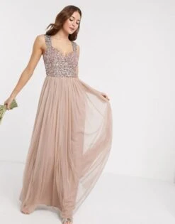 Maya Bridesmaid Allover Contrast Sequin Bust Maxi Dress In Taupe/blush