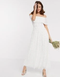 Maya Bridesmaid Off Shoulder Overlay Sequin Midaxi Dress In White