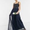 Maya Bridesmaid Sleeveless Square Neck Maxi Tulle Dress With Tonal Delicate Sequin Overlay In Navy