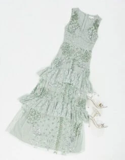 Maya Lace Embellished Ruffle Hem Maxi Dress, Sage Green