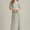 Dorothy Perkins Embellished Flutter Sleeve Maxi Dress, Sage Light Green