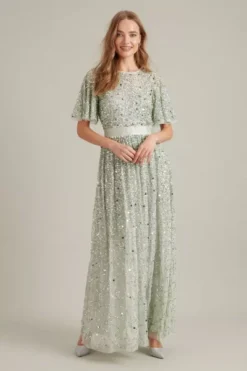Dorothy Perkins Embellished Flutter Sleeve Maxi Dress, Sage Light Green