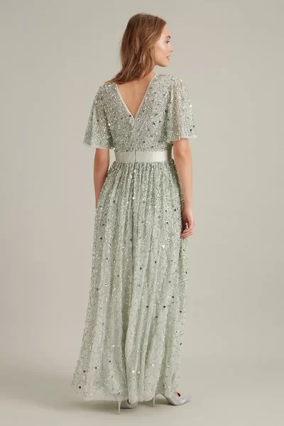 Dorothy Perkins Embellished Flutter Sleeve Maxi Dress, Sage Light Green 4 Dorothy Perkins Embellished Flutter Sleeve Maxi Dress, Sage Light Green - Image 2