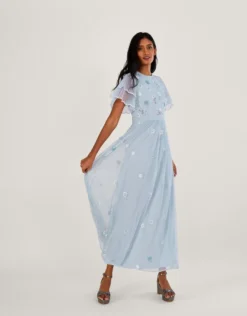 Monsoon Catherine Embellished Shorter Length Maxi Dress, Light Blue/Cloud