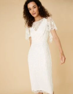 Monsoon Embellished Cape Bridal Midi Dress Ivory
