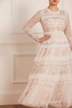 Needle & Thread Needle & Thread Primrose Bouquet Long Sleeve Ankle Gown, Champagne -Threadnee Shop needle thread primrose bouquet long sleeve ankle gown champagne1