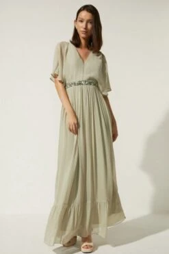 Coast Oasis Plunge V Neck Embellished Waist Maxi Dress, Sage Green