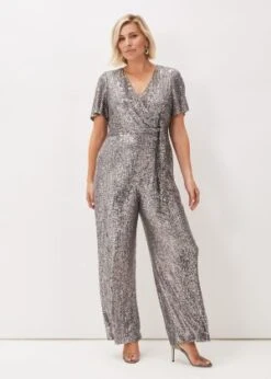 Phase Eight Allesandra Sequin Jumpsuit, Pewter/Silver