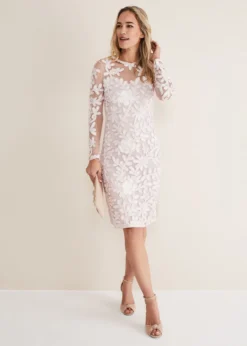 Phase Eight Annika Tapework Midi Dress, Antique Rose/Ivory