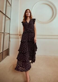 Phase Eight Josephina Spot Tiered Dress, Navy/Buttermilk