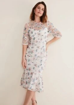 Phase Eight Maia Floral Embroidered Midi Dress, Pale Pink/Multi/Blush