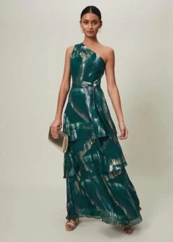 Phase Eight Sonia One Shoulder Silk Maxi Dress, Dark Green/Multi