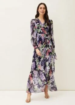 Phase Eight Winafred Chiffon Wrap Maxi Dress, Indigo/Multi/Purple