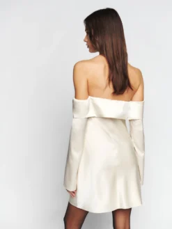 Reformation Maves Short Bridal Dress, Almond -Threadnee Shop reformation maves short bridal dress almond1