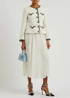 Threadnee Shop -Threadnee Shop self portrait boucle knit and chiffon midi dress ivory