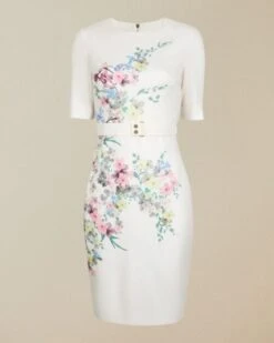 Ted Baker CAMLIAA Pergola Floral Print Bodycon Dress, Ivory/Multi