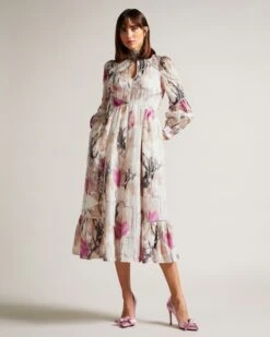 Ted Baker Freisya Floral Lace Cut-Out Midi Dress, Nude/Pink/Blush